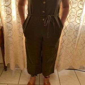 Military green linen blend cropped jumpsuit